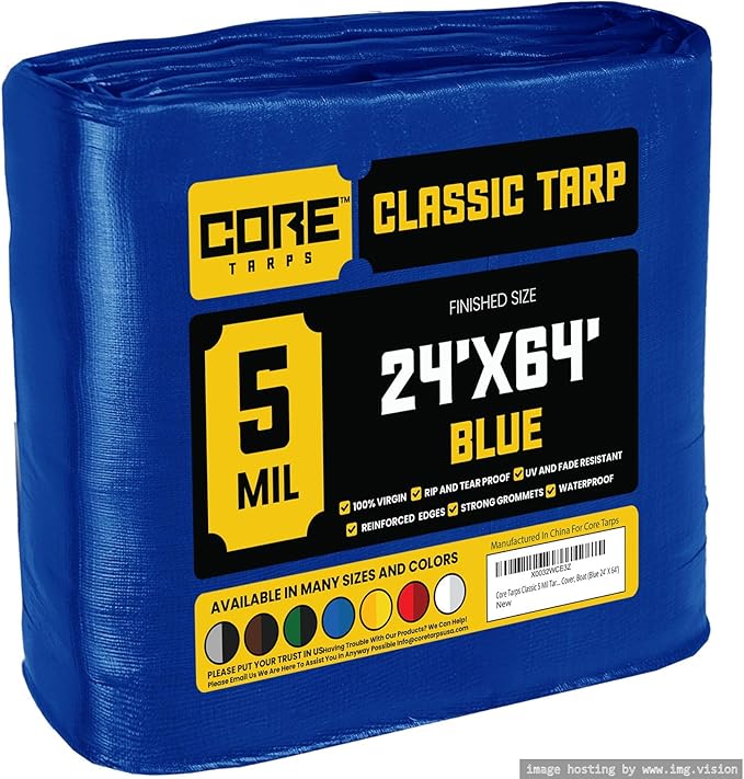 Core Tarps Classic 5 Mil Tarp Cover, Waterproof, UV Resistant, Rip and Tear Proof, Poly Tarpaulin with Reinforced Edges for Roof, Camping, Patio, Pool Cover, Boat (Blue 24′ X 64′)