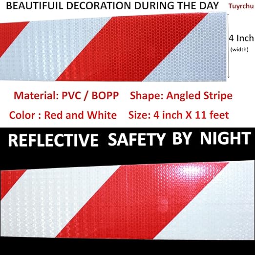 Reflective Tape Red and White 4 inch, Outdoor Waterproof Hazard Conspicuity Warning Industrial Marking Tape (11 feet)