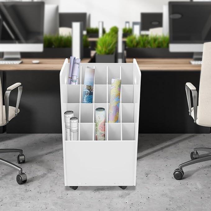Blue Print Storage Organizer, 20 Slot Mobile Roll File Cart, Construction Plan Holders, Blueprint Cabinet with Wheels for Office Home Library