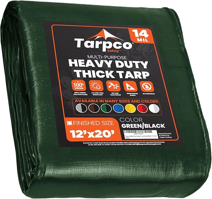 Tarpco Safety Extra Heavy Duty 14 Mil Tarp Cover, Waterproof, UV Resistant, Rip and Tear Proof, Poly Tarpaulin with Reinforced Edges for Roof, Camping, Patio, Pool, Boat (Green/Black 12′ X 20′)