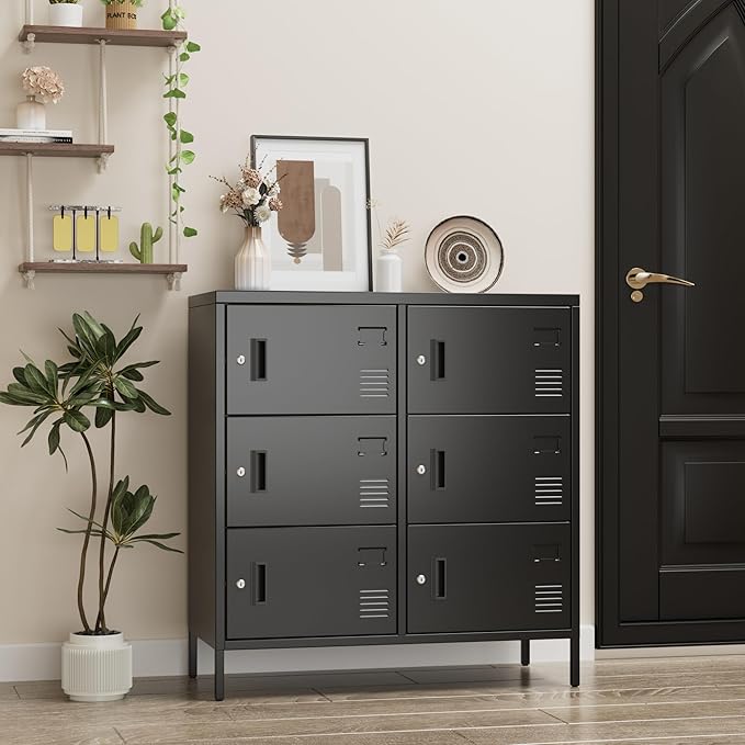 S‌UPEER 6 Doors Metal Storage Locker with Card Slot,Metal Locker for Employees with Keys and Ventilation Holes,Suitable for Office, Home, Bank, School,Gym,Requires Installation,Black