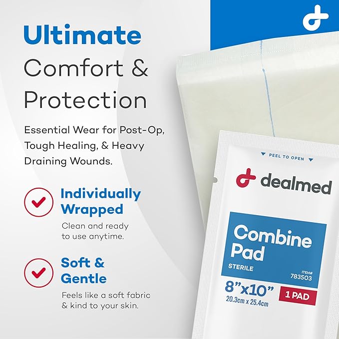 Dealmed Abdominal Combine Pads 8"x10" (48-Pack) Sterile Individually Wrapped, ABD Pads, Absorbent, Non Adherent for Wound Care, Drainage, First Aid, 24/Box (2 Pack)