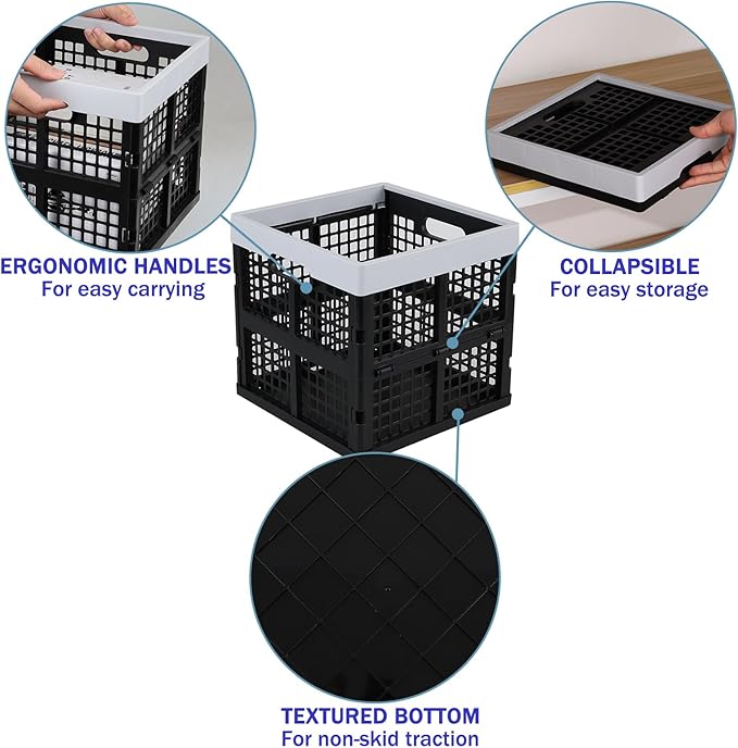 18 L Collapsible Storage Crate, 3 Pack Plastic Stackable Storage Milk Crates, Black, F