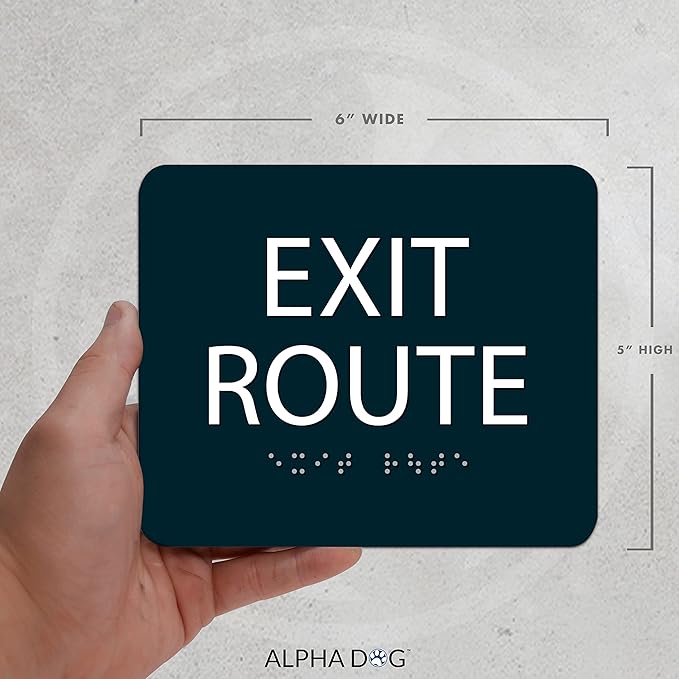 ALPHA DOG ADA SIGNS - Exit Route Sign with Braille for Your Business, 5x6 Inch, ADA Compliant, Indoor or Outdoor, Easy Installation, Made in the USA, Black