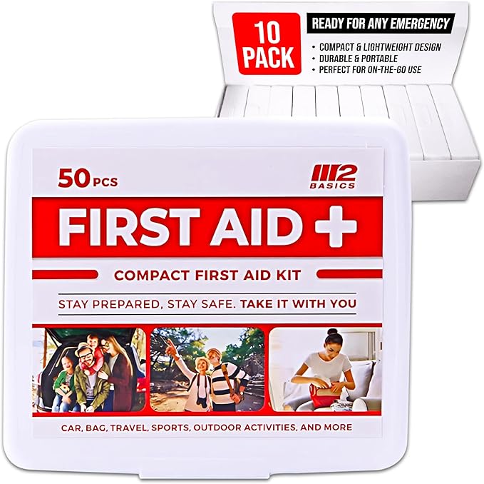 M2 BASICS Bulk 10-Pack Mini Emergency First Aid Kit Bundle (500 Total Pieces, 50 per Kit) for Car, Travel, Home & Donations – Compact Medical Supplies