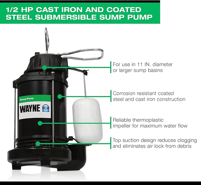 WAYNE CDU800-1/2 HP Submersible Cast Iron and Stainless Steel Sump Pump with Integrated Vertical Float Switch - 5,100 Gallons Per Hour - Heavy Duty Basement Sump Pump