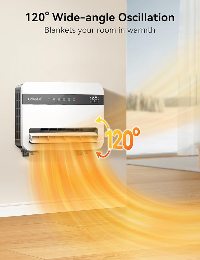 Givebest-Wall-Heater-for-Indoor-Use, 1500W Electric-Space-Heater, 120°Vertical Oscillation,Compatible with Alexa, Adjustable Thermostat, Remote Control, 24H Timer, Easy-mounted Heater for Indoor Use