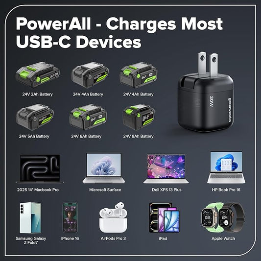 Greenworks 24V Brushless Cordless Impact Driver (1950 in-lbs.), 1/4" Hex Collet, 2.0Ah USB-C Battery, 30W USB-C Charger & 3.3FT Braided Cable, Compatible with iPhone/iPad/Samsung & More