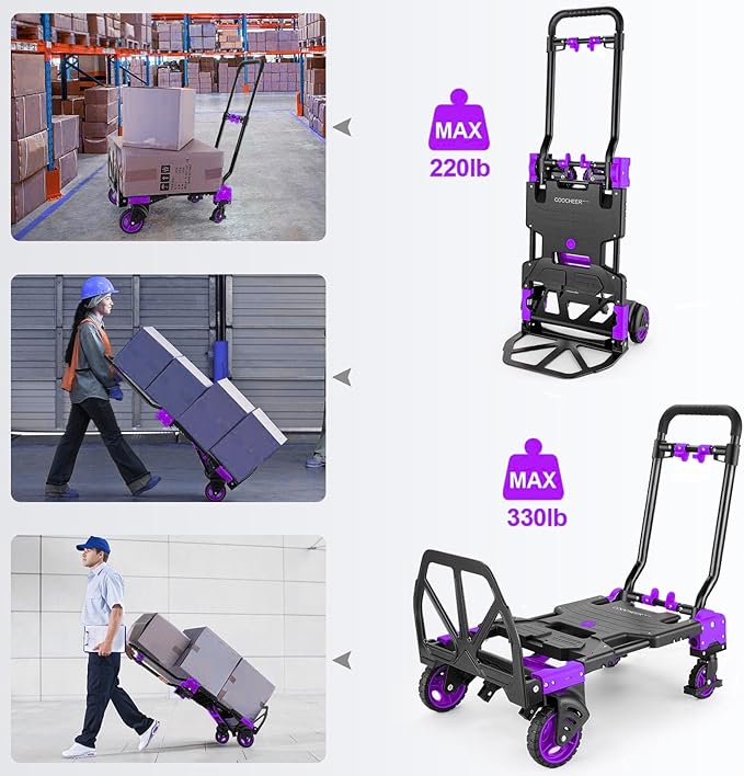 2-in-1 Folding Hand Truck Dolly 330LB Load Carrying, Hand Truck Foldable Dolly with Retractable Handle and 4 Rubber Wheels, Portable Folding Hand Cart for Moving/Travel/Office (Purple)