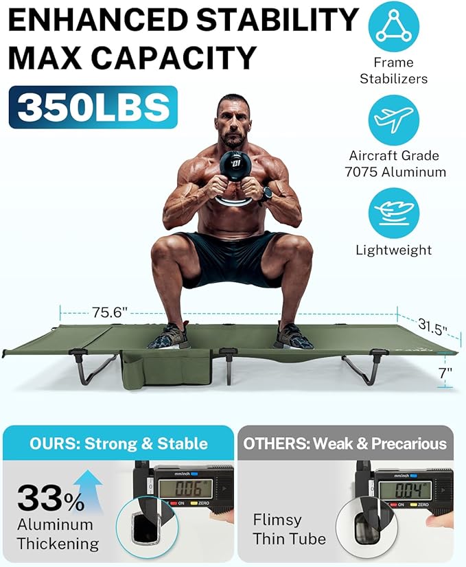 Gonex 31.5" Extra Wide Camping Cot with Premium Pillow Pocket Supports 350lbs, Portable Ultralight Folding Cot Bed for Adults Travel, Beach, Home, Sleeping (Army Green)