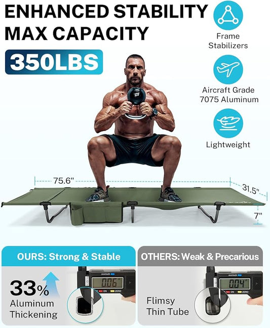Gonex 31.5" Extra Wide Camping Cot with Premium Pillow Pocket Supports 350lbs, Portable Ultralight Folding Cot Bed for Adults Travel, Beach, Home, Sleeping (Army Green)