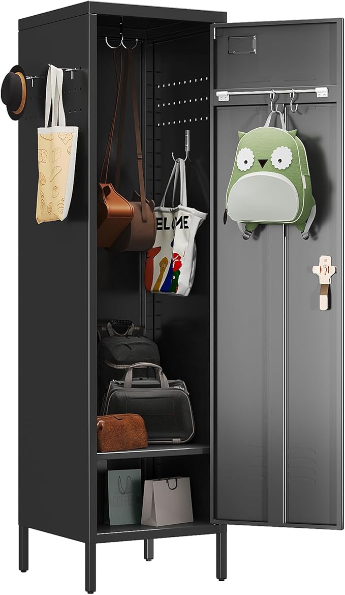 1 Door Metal Storage Lockers with Handle and Hanging Rod,Metal Locker for Employees with Pegboard and Hooks for Home,Office,Gym, School, Garage,Assembly Required,Black