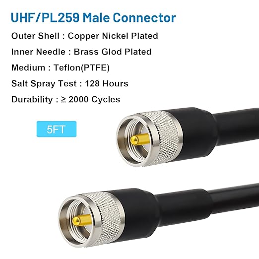5FT KMR400 PL259 Male to Male Coaxial Cable - Low Loss UHF Cable for HAM Radio, VHF Radio, SWR Meter, Antenna Analyzer