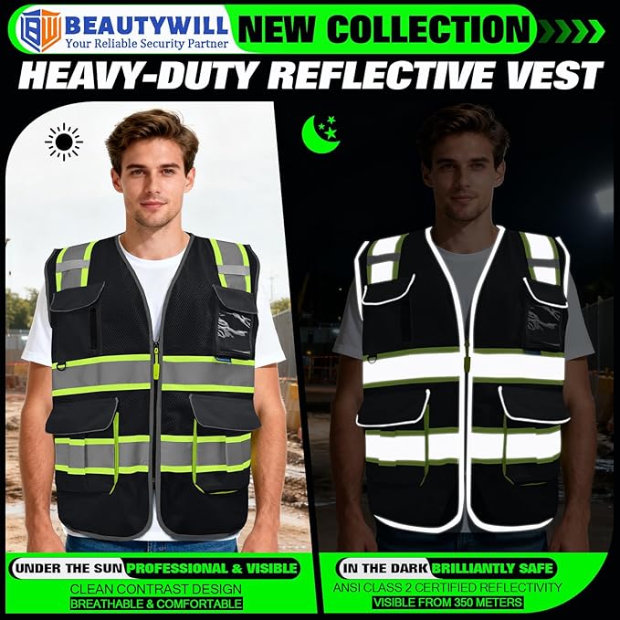 BeautyWill 10 Pack Custom Logo Safety Vest ANSI Class 2 High Visibility Reflective Vest Personalized Construction Vest Bulk