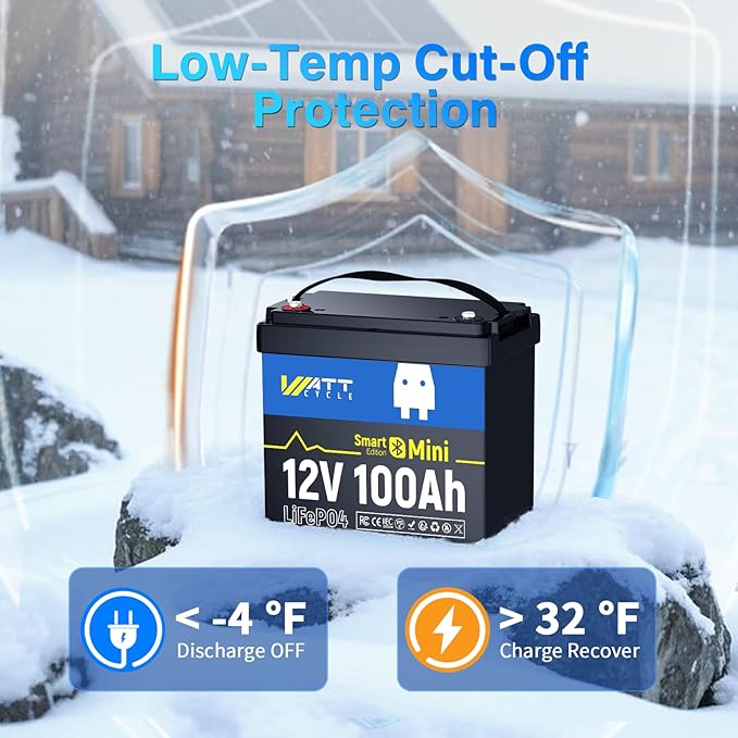 Wattcycle 12V 100Ah LiFePO4 Lithium Battery with Bluetooth,12V Mini 100A Smart BMS, BCI Group 24, Support Monitoring Battery via Phone Bluetooth 15000 deep Cycles