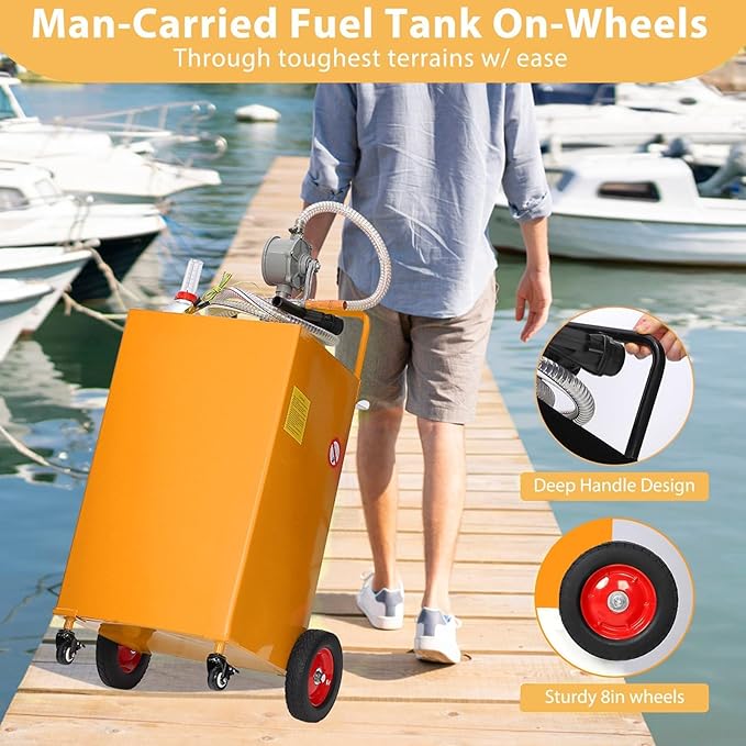 35 Gallon Fuel Caddy with Manual Pump, Heavy Duty Portable Gas & Diesel Transfer Tank on 4 Wheels, Spill-Proof Container for Truck, Tractor, Boat, ATV, Farm,Orange