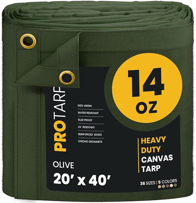 PROTARP Heavy Duty 14 OZ Water Resistant Canvas Tarp, UV Resistant Tarpaulin Cover with Rustproof Brass Grommets, Multipurpose for Canopy, Roof, Camping, Woodpile (Olive 20'X40')