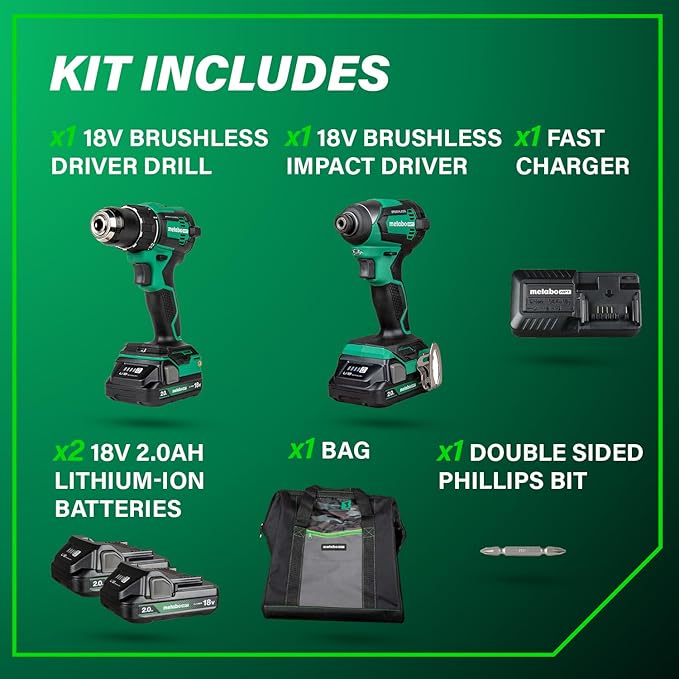 Metabo HPT 18V MultiVolt Cordless Brushless Driver Drill & Impact Driver Combo Kit, Power Tool Kit, 2 Lithium-Ion Metabo HPT Batteries and Charger, High Torque, Compact Lightweight Design, KC18DEXQB