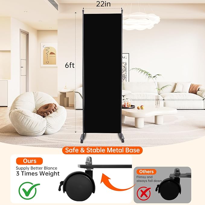 Room Divider 22''W Wall Divider for Room Partition (Heavy Duty Base) 1 Panel Partition Room Dividers, Freestanding Room Divider Screen Separation W/Wheels Folding Privacy Screen Panel Space Separator