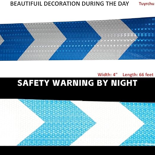 Reflective Tape Blue White 4 inch Wide for Truck, Outdoor Waterproof High Visibility Safety Warning Adhesive Strips (66 feet)