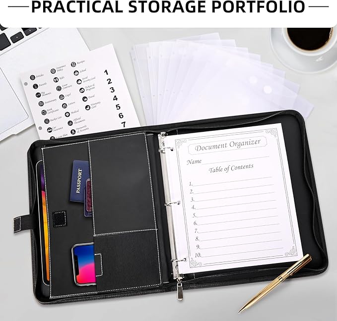 Antner Important Document Organizer Zipper Binder Family Life Emergency Portfolio Waterproof Document Bag for Birth Certificate Protector, Faux Leather Portfolio in Case I Go Missing Binder for Home