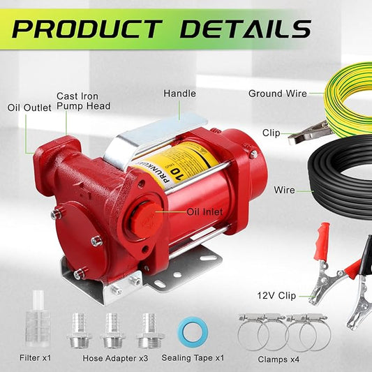12V Fuel Transfer Pump w/Manual Nozzle & Hose, 10 GPM High Flow DC Diesel Transfer Pump, Heavy Duty Fuel Oil Transfer Pump with Hoses for Gasoline, Diesel, Kerosene & More