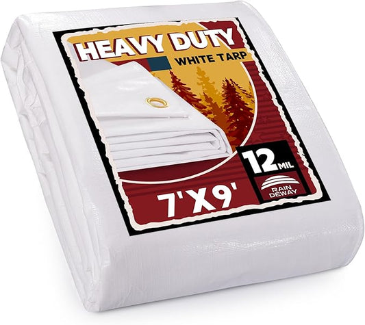 RAINDEWAY 12 Mil Heavy Duty White Tarp 7x9 Feet, UV Resistant, Waterproof, Weatherproof Poly Tarp with Metal Grommets and Reinforced Edges
