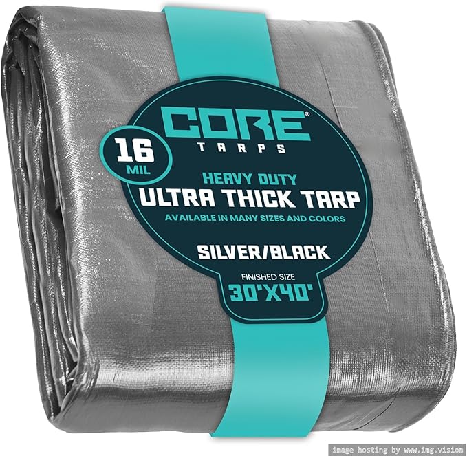 Core Tarps Extra Heavy Duty 16 Mil Tarp Cover, Waterproof, UV Resistant, Rip and Tear Proof, Poly Tarpaulin with Reinforced Edges for Roof, Camping, Patio, Pool, Boat (Silver/Black 30′ X 40′)