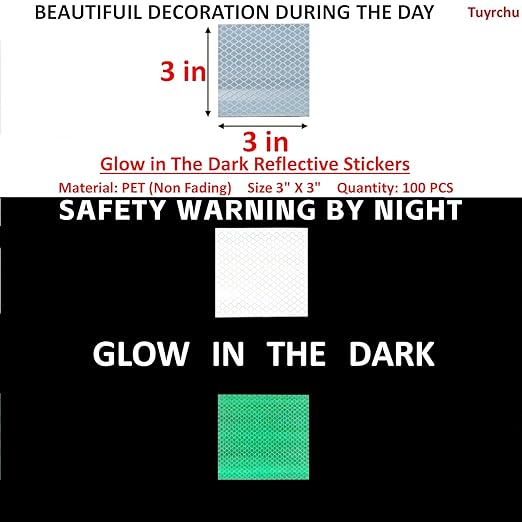 Glow in The Dark Reflective Stickers 3 inch X 3 inch for Car, High Visibility Warning Safety Reflective Strips (100 Pcs)