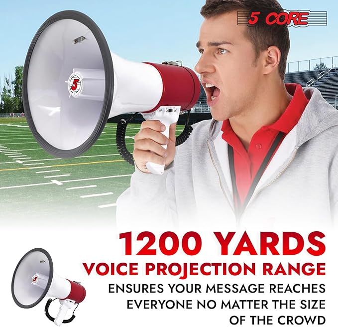 5 CORE Megaphone 50W Bull Horn Professional PA Speaker w 1200 Yards Range Loud Siren Voice Amplifier USB/SD/3.5mm Aux Portable Megafono for Emergency Outdoor Sports and Coaches - 66SF