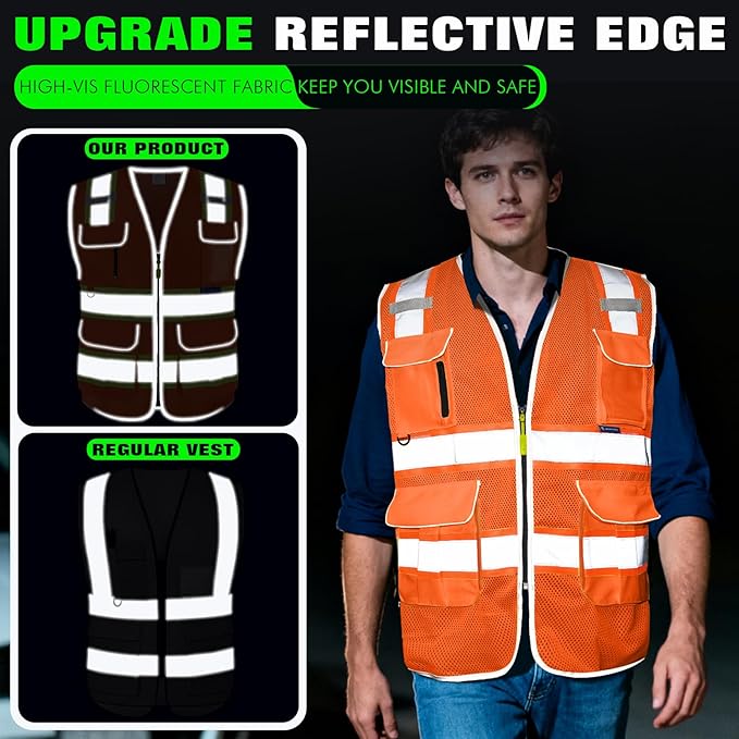 BeautyWill 10 Pack Custom Logo Safety Vest ANSI Class 2 High Visibility Reflective Vest Personalized Construction Vest Bulk