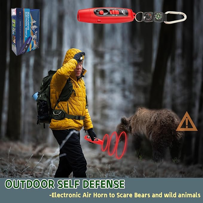 Rechargeable Bear Horn to Scare Bears, 125dB Electronic Air Horn with LED Flashlight & Compass & Thermometer, Electronic Whistle Bear Bells for Safety Hiking Camping Emergency Self Defense