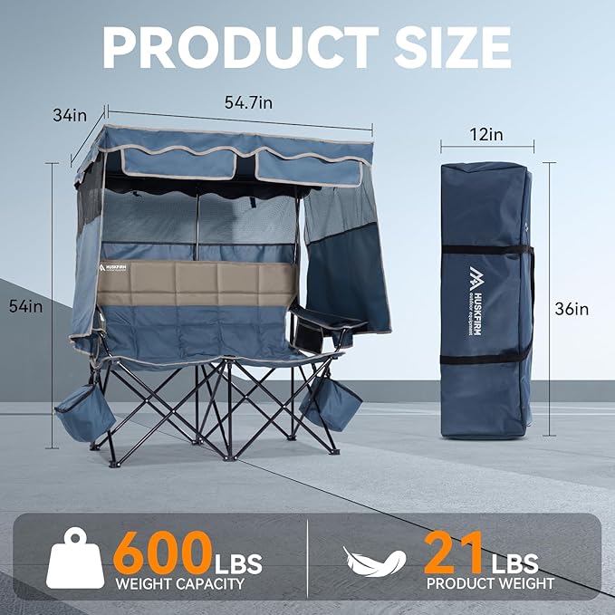 Double Beach Chair With Canopy Shade Camping Chair With Canopy Oversized Camping Chair With Removable Roof Folding Loveseat Chair With Two Cup Holders and Cooler Bag For Camping,Beach, Fishing