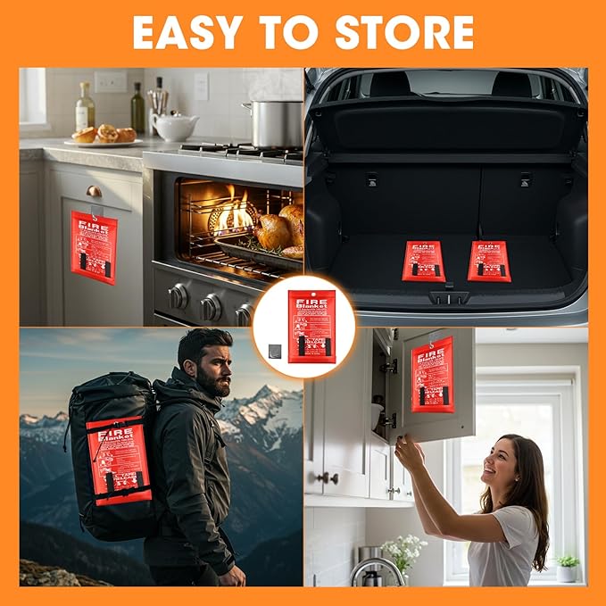 Emergency Fire Blanket, 40"x40" Fiberglass Suppression Fire Retardant Blankets for Home, Kitchen, Camping, Grill, Car, Office, Warehouse with Hooks(4 Pack)