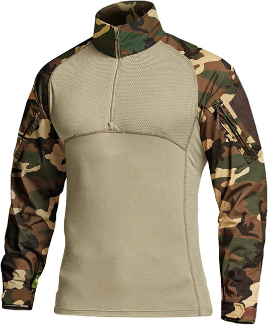 CQR Men's Combat Shirt Tactical 1/4 Zip Long Sleeve Military BDU Shirts Camo EDC Top with Pockets