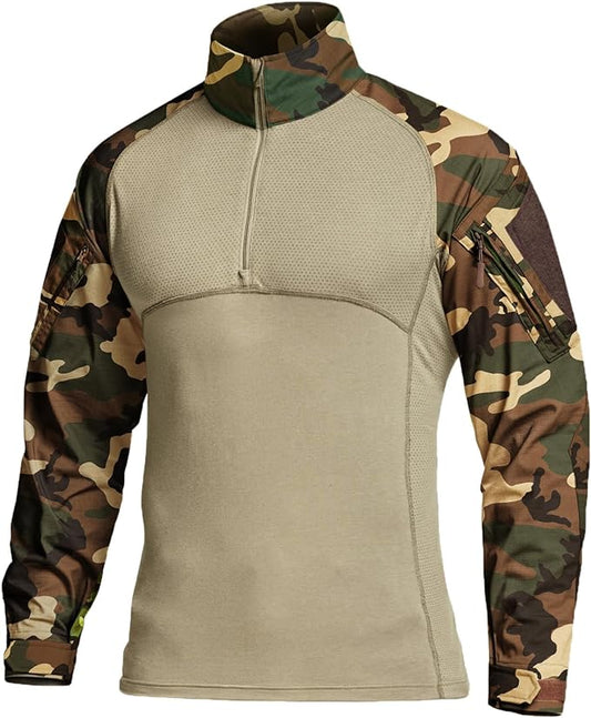 CQR Men's Combat Shirt Tactical 1/4 Zip Long Sleeve Military BDU Shirts Camo EDC Top with Pockets