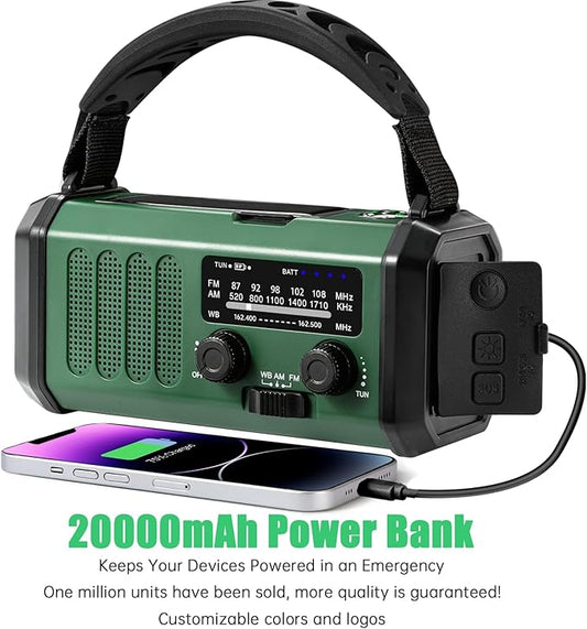 Emergency Weather Radio 20000mAh NOAA/AM/FM with 74000mWh USB/Solar/Hand Crank Charging, Battery Operated, SOS Alarm & Flashlight for Indoor/Outdoor Emergencies (Green)