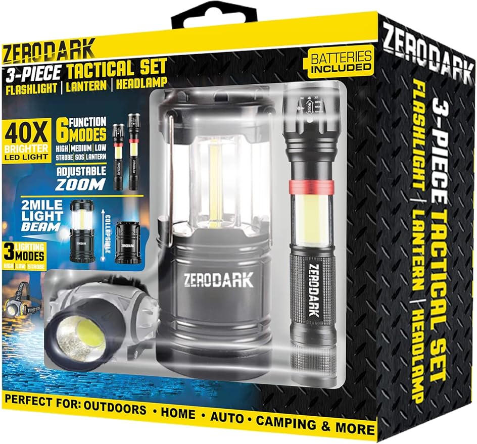 ZeroDark Flashlights Headlamp Lantern 3-Piece Set, Flashlight + Head Lamp + Camping Lantern Battery Powered LED High Lumens Camping Lights flashlights for Emergencies