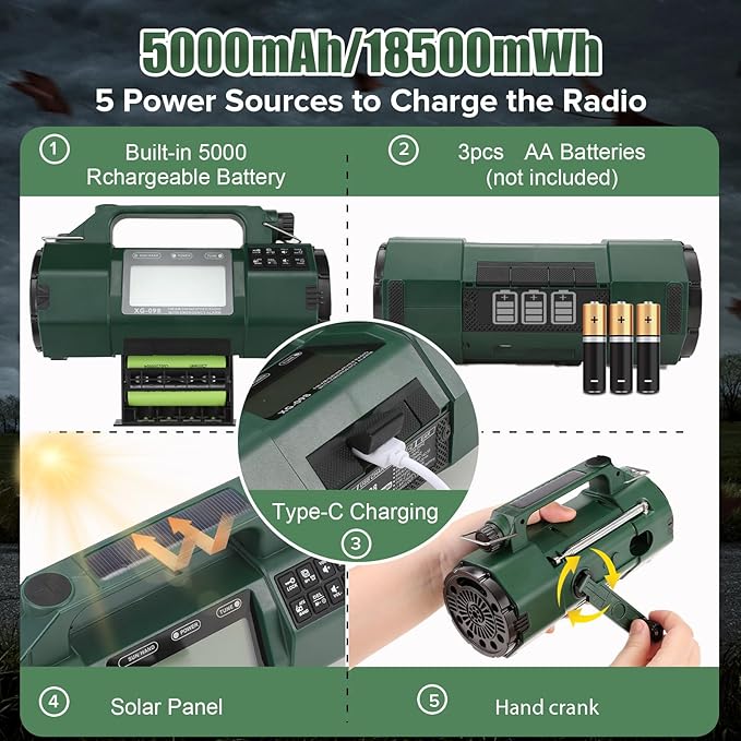 Emergency Weather Radio, 5000mAh Replaceable Battery, Solar Hand Crank Radio with AM/FM/SW/NOAA Alert, Sleep Timer Alarm Clock, Compass Cell Phone Charger, Headphone Jack, Flashlight and SOS Siren
