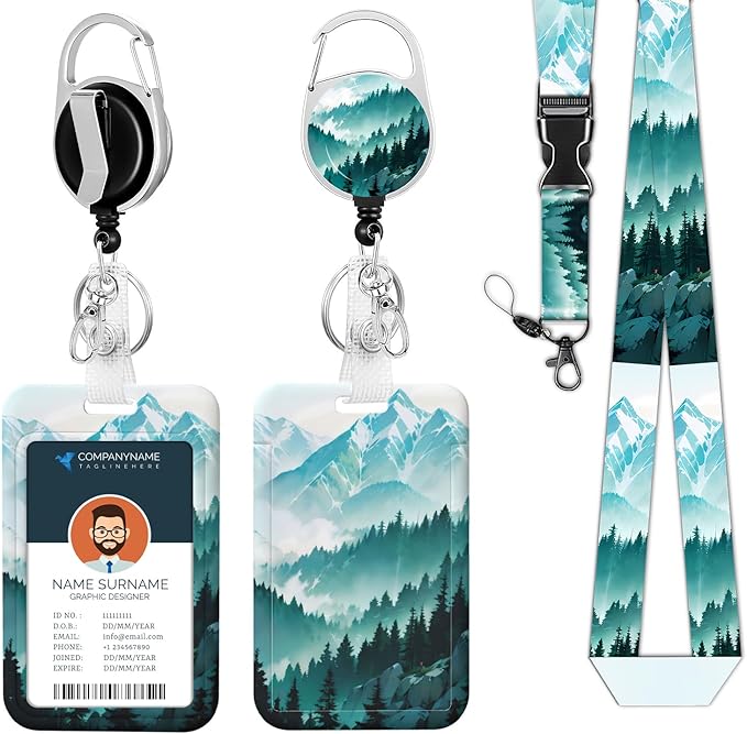 Mountain ID Lanyard Badge Holder Retractable Badge Reel Clip Cool Keychain Lanyard ID Holder for Women Men Teachers Doctors for Keys Heavy Duty ID Badges Name Tag Tree Reel Lanyard Key Card Holder