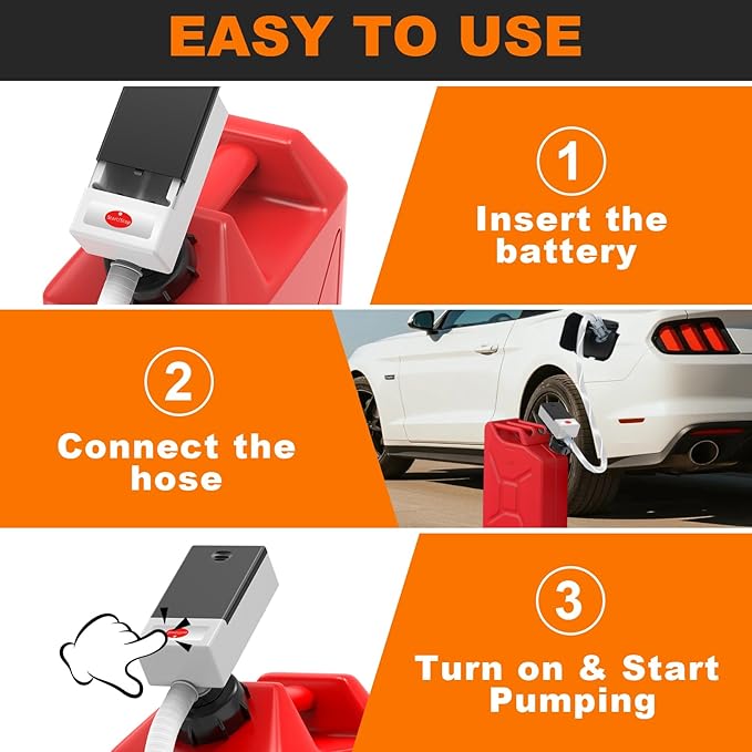 Automatic Fuel Transfer Pump with Auto Stop Sensor Overfill Protection, Fast and Safe Portable Gas Can Pump with 3 Can Adapters & 51'' Extra Long Hose for Oil, Diesel, Gasoline