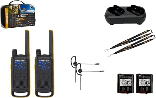 Motorola Solutions Talkabout, Portable FRS, T475 Two Way Radio 2 Pack Walkie Talkies Black/Yellow 22 Channels PTT Earpieces with Additional Dual Drop-in Charger, Yellow/Black, MOT-T475