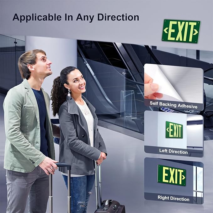 Photoluminescent Exit Sign Aluminum - Adhesive Backing Glow In The Dark - Removable Arrows Included - Pre-drilled Holes - 12x7 Inches - Non Electrical Green Exit Light For 50 Feet Visibility (2 Pack)