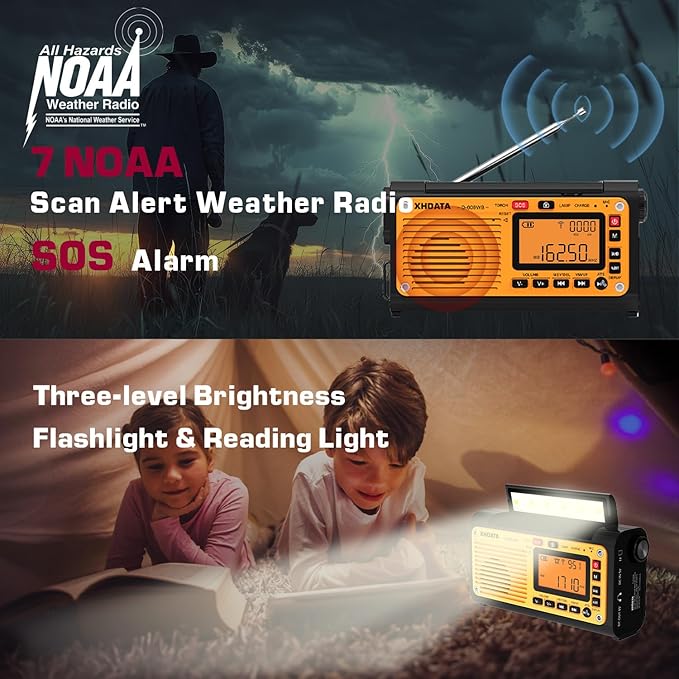 XHDATA D608WB Emergency Radio Hand Crank Weather Radio FM/AM/SW/NOAA Alert Portable Radio, Bluetooth MP3, USB/Solar/Hand Crank Charging, Flashlight, Reading Lamp and SOS Alarm