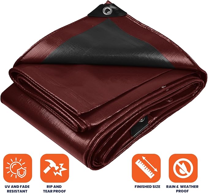 Tarpco Safety Extra Heavy Duty 14 Mil Tarp Cover, Waterproof, UV Resistant, Rip and Tear Proof, Poly Tarpaulin with Reinforced Edges for Roof, Camping, Patio, Pool, Boat (Maroon/Black 20′ X 40′)