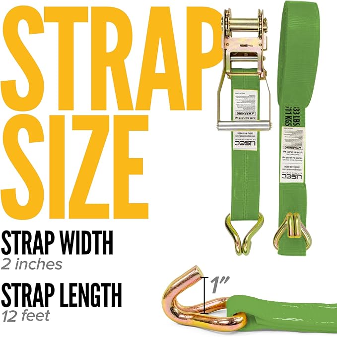 US Cargo Control Wire Hook Ratchet Strap 2 Inch x 12 Foot, 10,000 LBS Break Strength, Ratchet Straps Heavy Duty with Double J Hooks, Green Cargo Tie Downs for Flatbed Trailers and Trucks