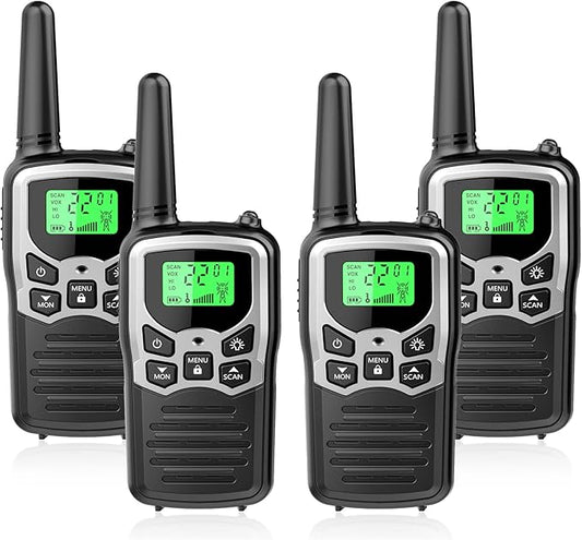 Walkie Talkies with 22 FRS Channels, MOICO Walkie Talkies for Adults with LED Flashlight VOX Scan LCD Display, Long Range Family, Radios for Hiking Camping Trip (Silver, 4 Pack)