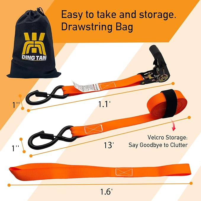 Ratchet Straps Heavy Duty 4-Pack - 1''x 15' (1,680lb Break Strength) - Motorcycle Straps Tie Downs with Safety S Hooks -Cargo Straps for Moving, Appliances, Motorcycle, Trucks, Car - Orange