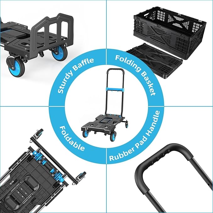 Folding Hand Truck, 330 lbs Max Capacity Portable Hand Cart, 2-in-1 Heavy Duty Foldable Dolly Cart with Adjustable Retractable Handle for Luggage, Moving, Shopping, Office,Travel Use