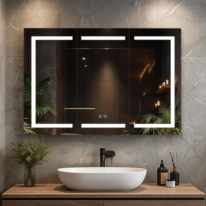 Blossom 48 Inch LED Medicine Cabinet with Mirror Lights, LED Lighted Bathroom Medicine Cabinet - Recessed or Surface Mount with Built-in Defogger, 3 Color Dimmer - Makeup Mirror